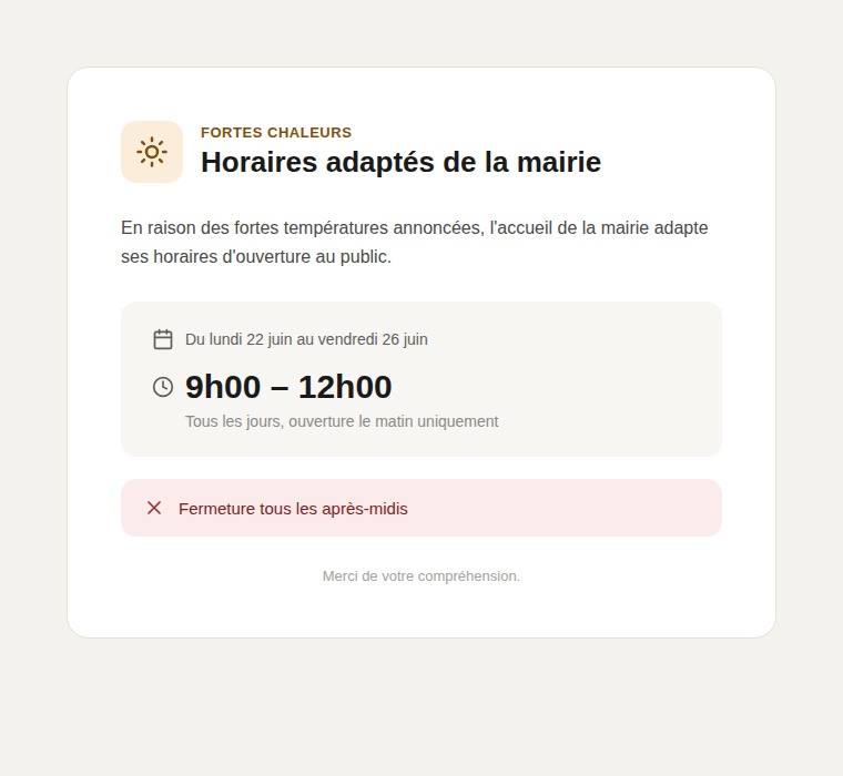 Modification horaires accueil public mairie